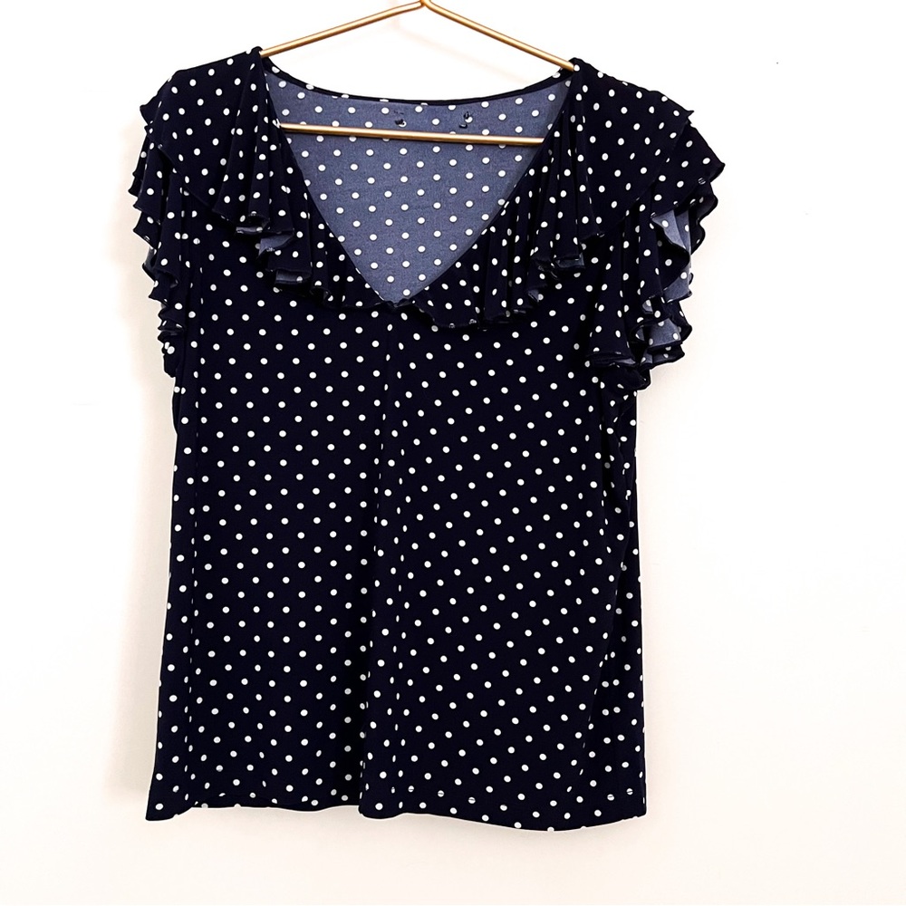 Navy blue and polka dot white blouse